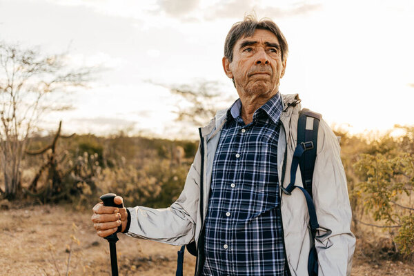 Elderly Man Doing Outdoor Activity Hiker Semiarid Region Brazil Stock Image
