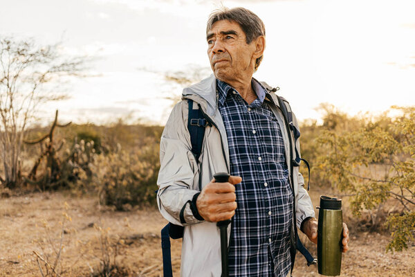 Elderly Man Doing Outdoor Activity Hiker Semiarid Region Brazil Royalty Free Stock Images