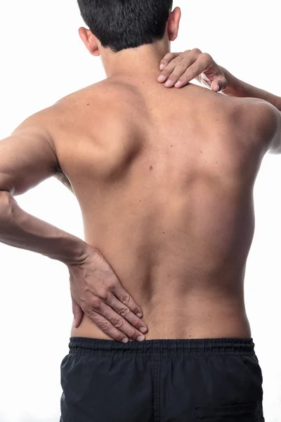 Scoliose, homme mince sur le dos, pas de chemise. courbure de la rotation — Photo