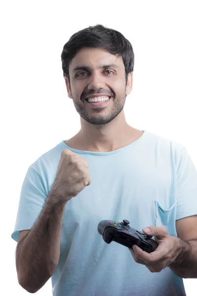 ワイヤレス ジョイスティックとビデオ ゲームをプレイする男 — ストック写真