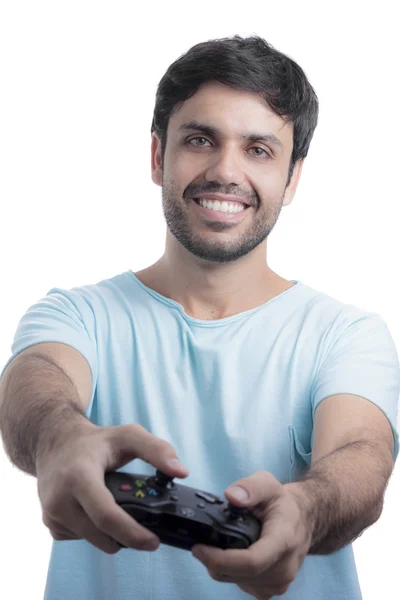 Man playing video game with wireless joystick — Stock Photo, Image
