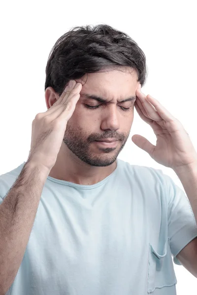 Sinus pain, sinus pressure, sinusitis. Sad man holding his head — Stock Photo, Image