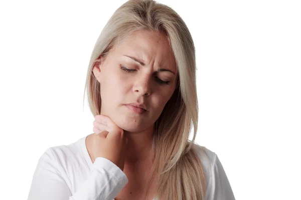 Woman checks fever with hand on neck isolated on a white backgro — Stock Photo, Image