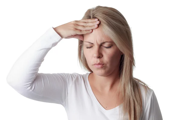 Woman holding her head isolated on white background. headache, m — Stock Photo, Image