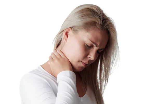 Žena držící krku izolovaných na bílém pozadí. bolest v krku — Stock fotografie