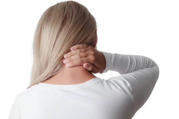 Kvinna med halsen isolerad på vit bakgrund. hjärnhinneinflammation — Stockfoto