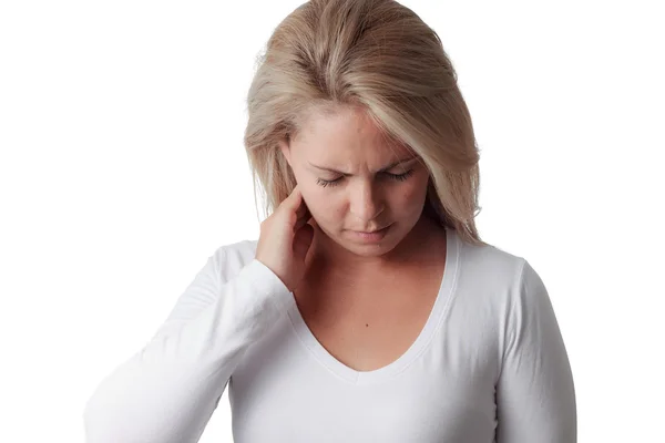 Woman holding the neck isolated on white background. sore throat — Stock Photo, Image