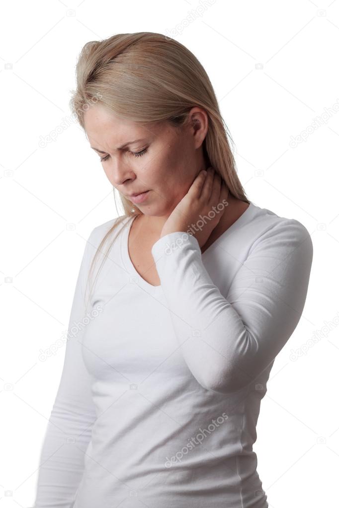 woman holding the neck isolated on white background. sore throat