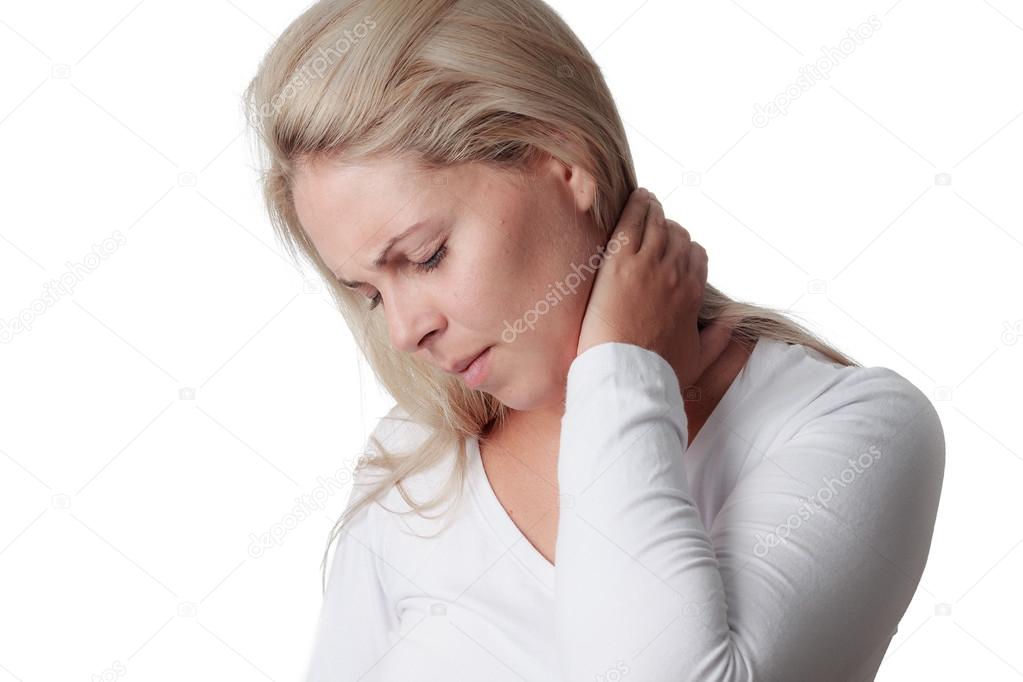 woman holding the neck isolated on white background. sore throat