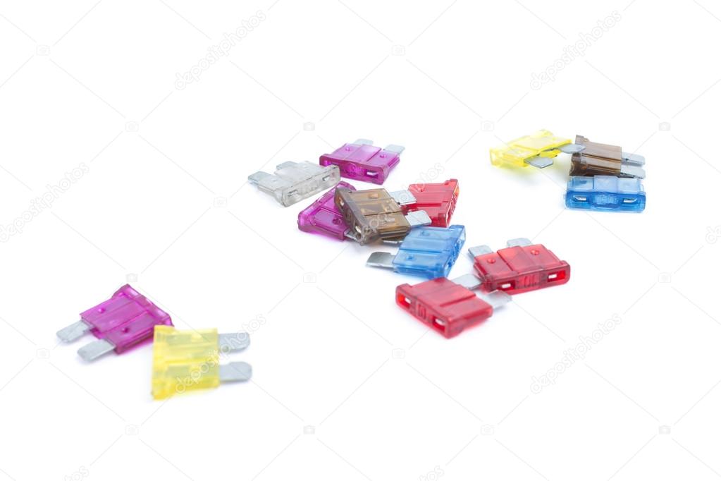 Car fuse. Pile of colorful electrical automotive fuses or circui