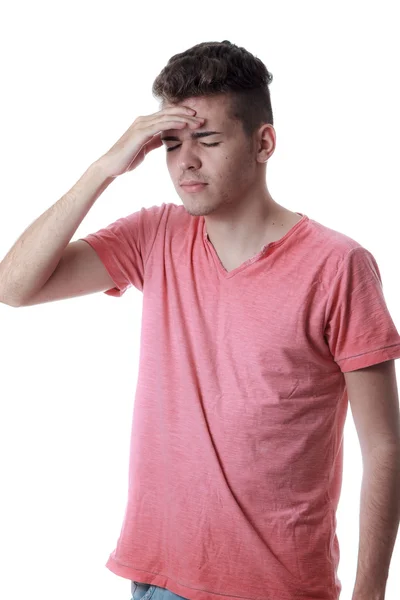 Sinus pijn, sinus druk, sinusitis. Verdrietig man met zijn hoofd — Stockfoto