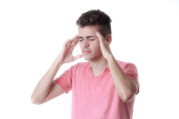 Nyeri sinus, tekanan sinus, sinusitis. Pria sedih memegang kepalanya. — Stok Foto