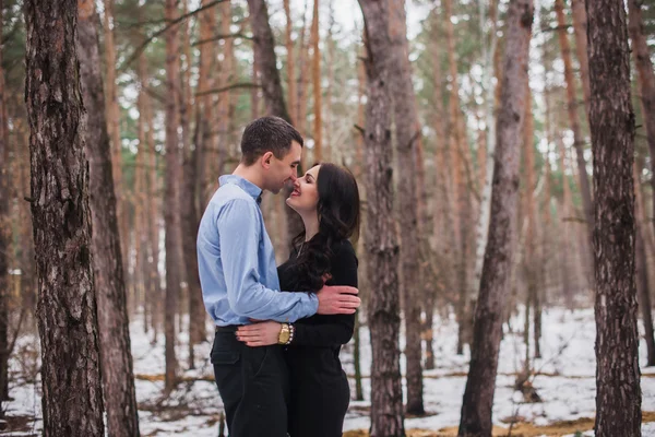 Joven pareja bonita abrazándose en el bosque de invierno. Historia de amor de invierno — Foto de Stock