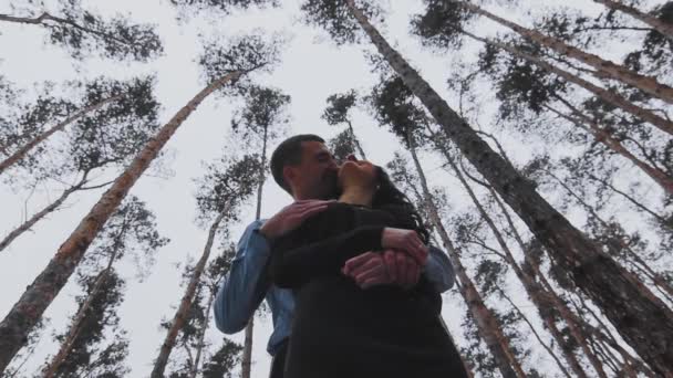 Junges Paar umarmt und küsst sich im winterkalten Wald — Stockvideo