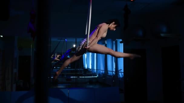 Luchtfoto acrobat vrouw op het podium van het circus. trucs hoepel op een blauwe achtergrond — Stockvideo