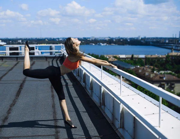 Yoga çatıda. Sağlıklı bir yaşam tarzı. Genç kadın — Stok fotoğraf