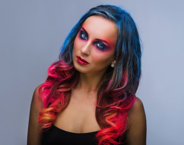 Beautiful make up, hard colors red and blue , studio 