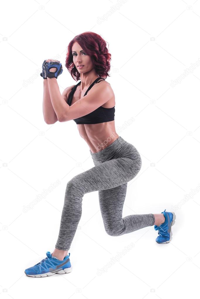 ストレッチ膝 体全体 完全 プロファイル若い魅力的な女性フィットネス モデル ストック写真 C Vladee