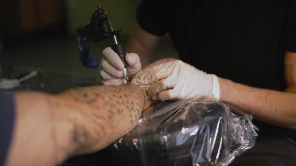 Tatoeëerder maken tattoo in de studio — Stockvideo