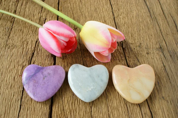 Three stone hearts and two tulips — Stock Photo, Image