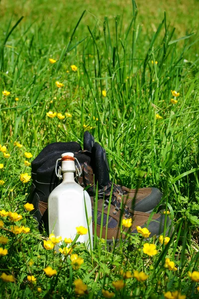 Botas de caminhada em um prado de verão — Fotografia de Stock