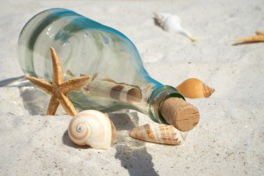 Plajda bir şişede mesaj.