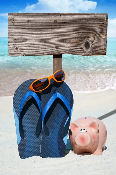 Pink piggy bank and wooden Signboard — Stock Photo, Image