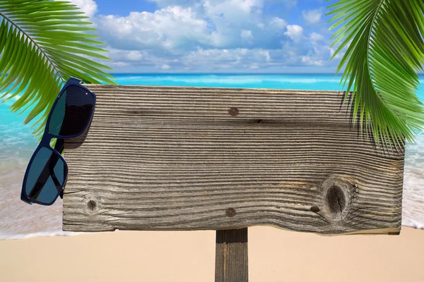 Wooden signboard under palm fronds — Stock Photo, Image