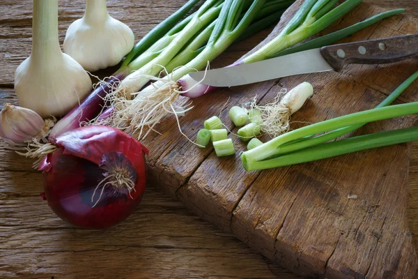 Весенний лук, чеснок и кухонный нож — стоковое фото