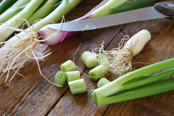 Cipolle primaverili tagliate con coltello — Foto Stock