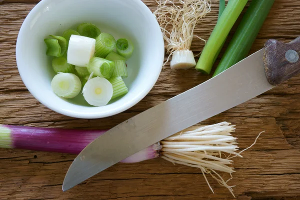 Cipolle primavera in ciotola bianca — Foto Stock