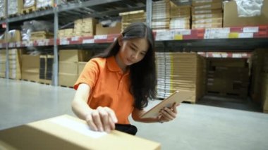 İş konsepti. Genç personel depodaki ürünleri sayıyor. 4k Çözünürlüğü.