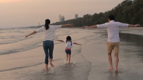 Concepto Familiar Los Padres Corren Con Los Niños Playa Resolución — Vídeo de stock