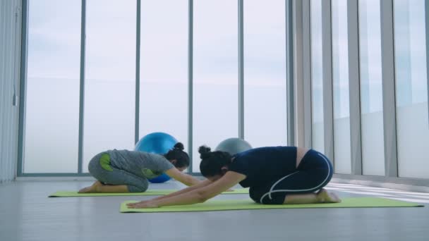 Conceito Exercício Grupo Mulheres Praticando Exercícios Balasana Com Professor Tapete — Vídeo de Stock