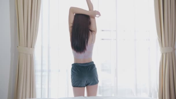 Holiday Concept Resolution Asian Girls Looking View Window Morning — Stock Video