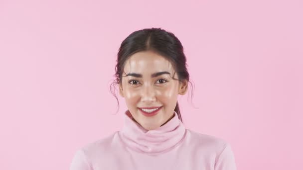 Beauty Concept Resolution Young Asian Woman Rejoicing Pink Background — Stock Video