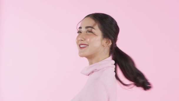Beauty Concept Resolution Young Asian Woman Smiling Charmingly Pink Background — Stock Video