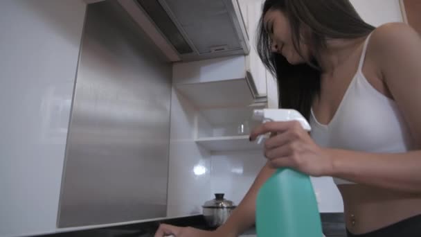 Tatil Konsepti Çözünürlük Asyalı Kadın Mutfağı Temizliyor — Stok video