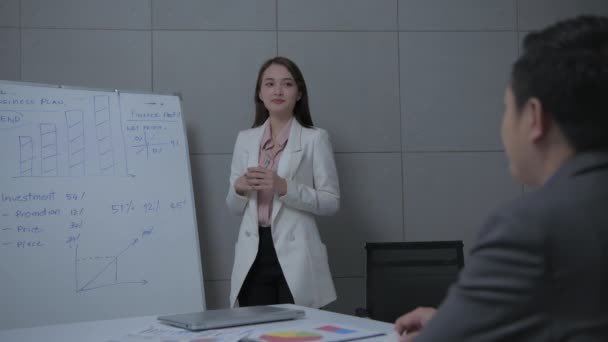 Geschäftskonzept Der Auflösung Asiatische Frauen Präsentieren Einem Besprechungsraum Einen Marketingplan — Stockvideo