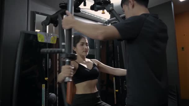 Fitness Concept Resolution Young Sporty Woman Using Pectoral Fly Machine — Stock Video