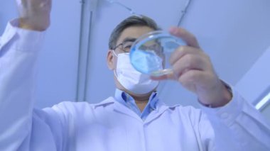 Araştırma konsepti 4K çözünürlüğü. Asyalı bilim adamları maddeyi test etmek için çözeltileri damlatıyor.