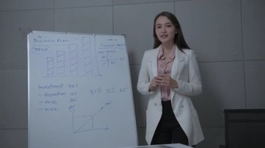 4k Kararlılığın iş konsepti. Asyalı kadınlar toplantı odasında pazarlama planı sunuyorlar..