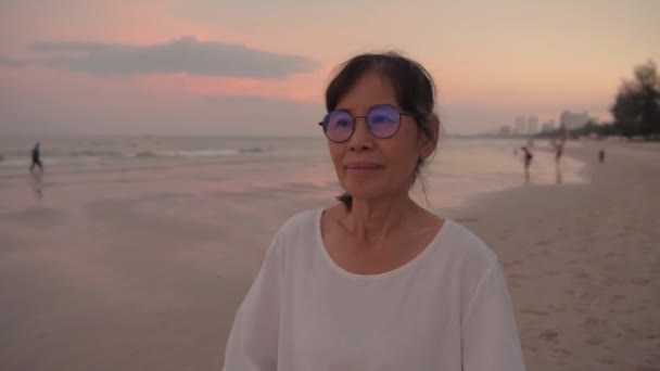 Koncepcja Podróży Rozdzielczości Starsza Kobieta Spacerująca Plaży — Wideo stockowe