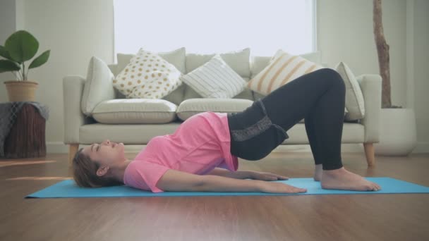 Pregnant Woman Concept Resolution Asian Women Exercising Hip Lifts House — Stock Video