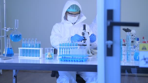 Research Concept Resolution Scientists Wear Protective Clothing Work Laboratory — Stock Video