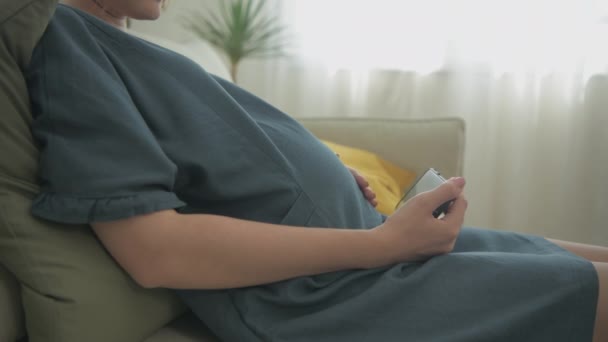 Hamile Kadın Konsepti Kararlılık Oturma Odasında Cep Telefonu Çalan Asyalı — Stok video