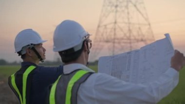 Mühendislik konsepti 4k Çözünürlük. Çalışanlar şantiyede birlikte çalışmayı planlıyor..