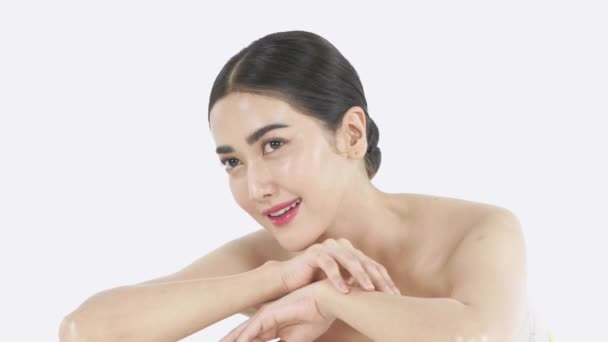 Beauty Concept Resolution Girl Caressing Her Face White Background — Stock Video