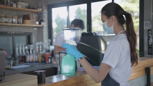 Barista Concept Resolution Staff Cleaning Cafe Morning — Stock Video