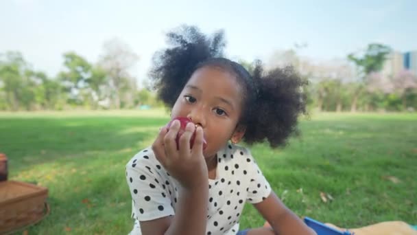 Conceito Férias Resolução Menina Comendo Maçãs Jardim — Vídeo de Stock